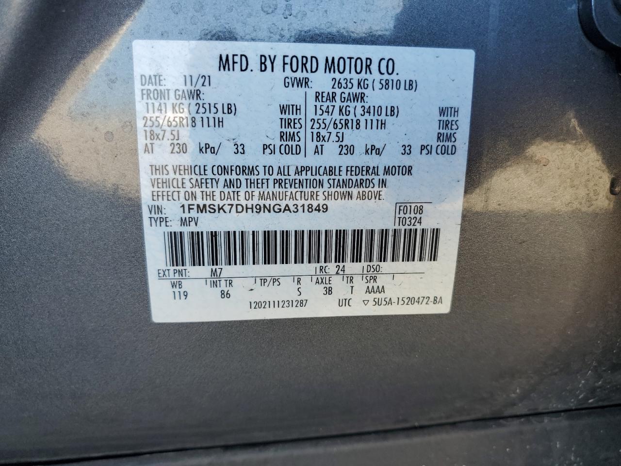 2022 FORD EXPLORER XLT VIN:1FMSK7DH9NGA31849