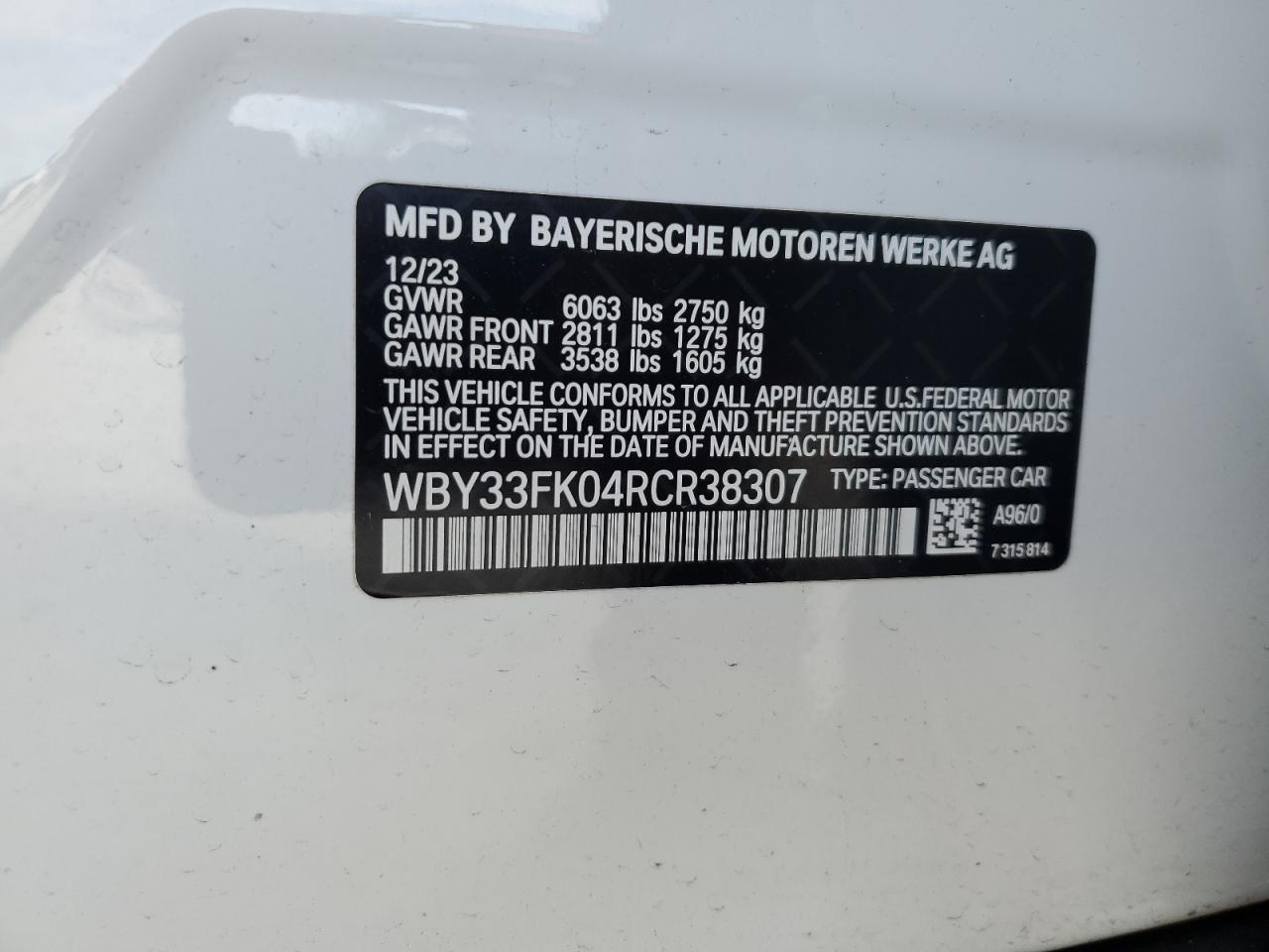 2024 BMW I5 EDRIVE 40 VIN:WBY33FK04RCR38307