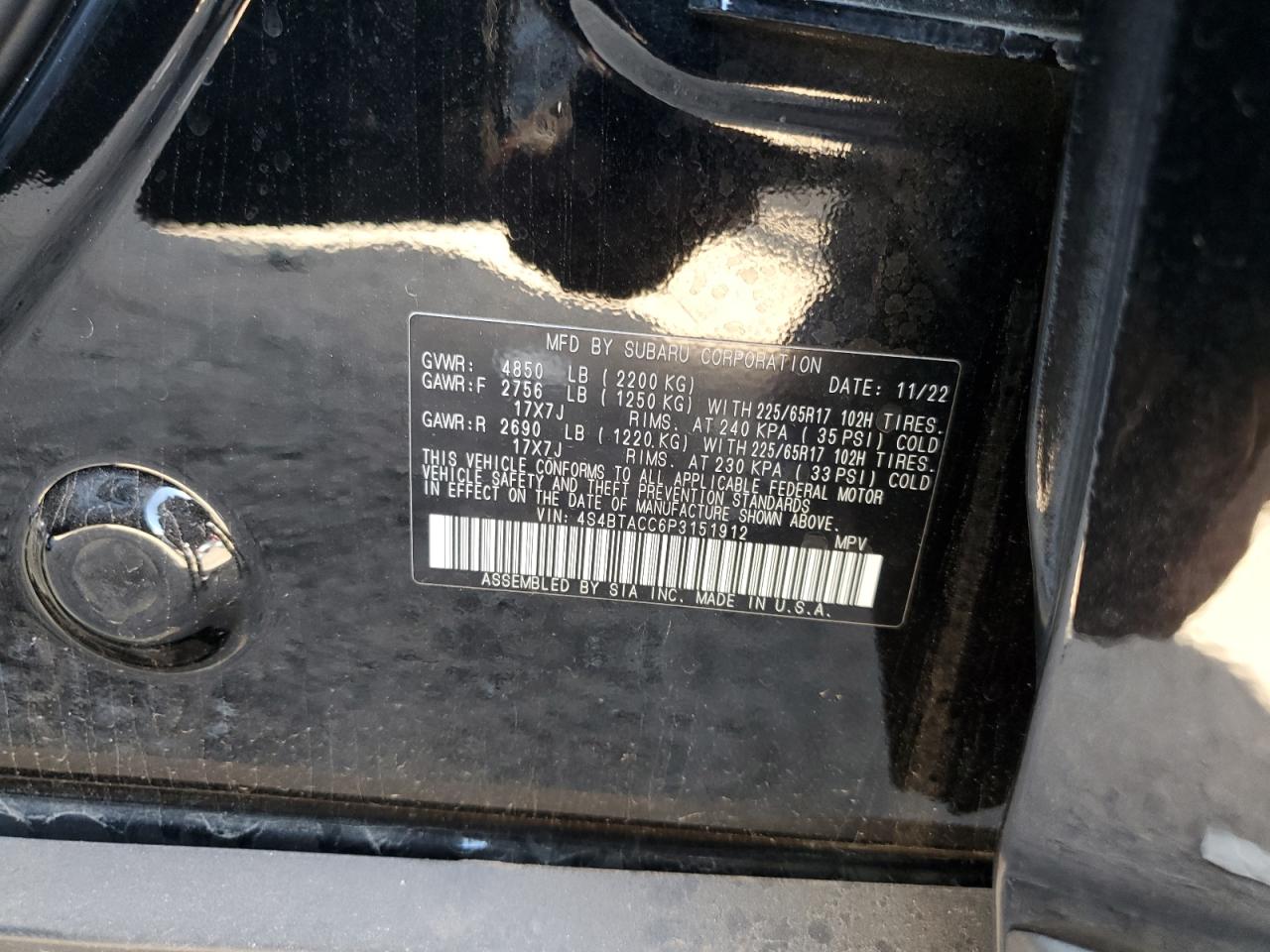 2023 SUBARU OUTBACK PREMIUM VIN:4S4BTACC6P3151912