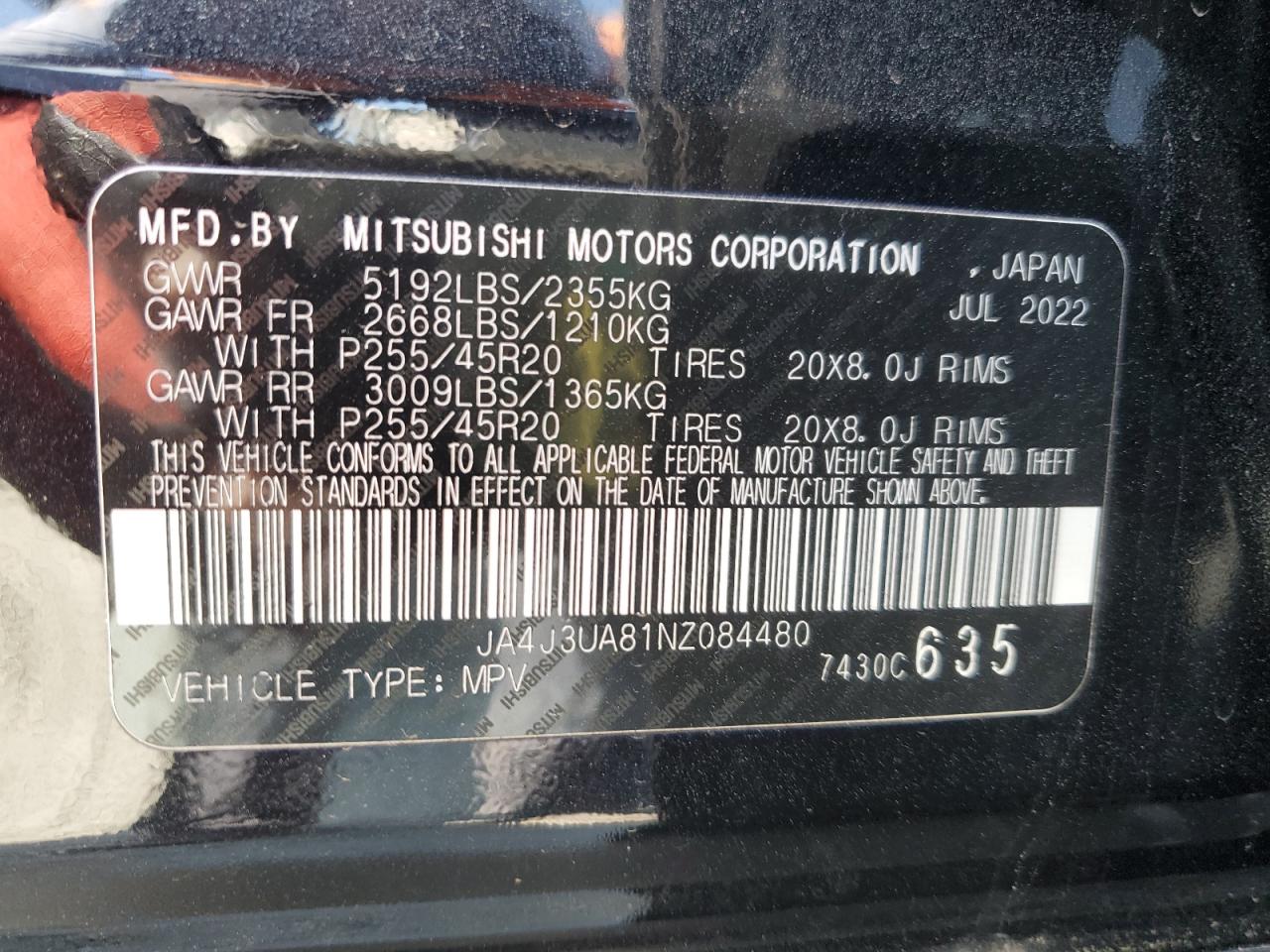 2022 MITSUBISHI OUTLANDER SE VIN:JA4J3UA81NZ084480