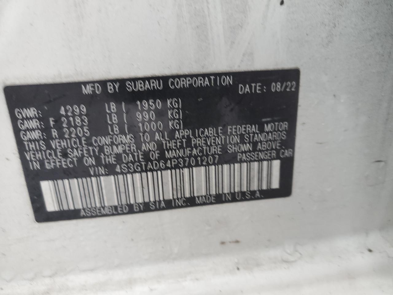 2023 SUBARU IMPREZA PREMIUM VIN:4S3GTAD64P3701207