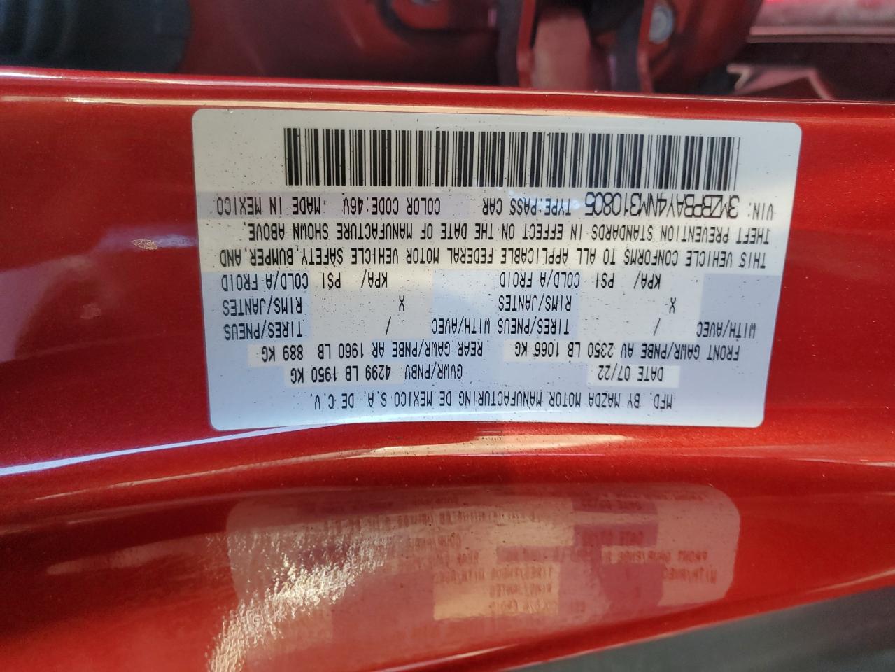 2022 MAZDA 3  VIN:3MZBPBAY4NM310805