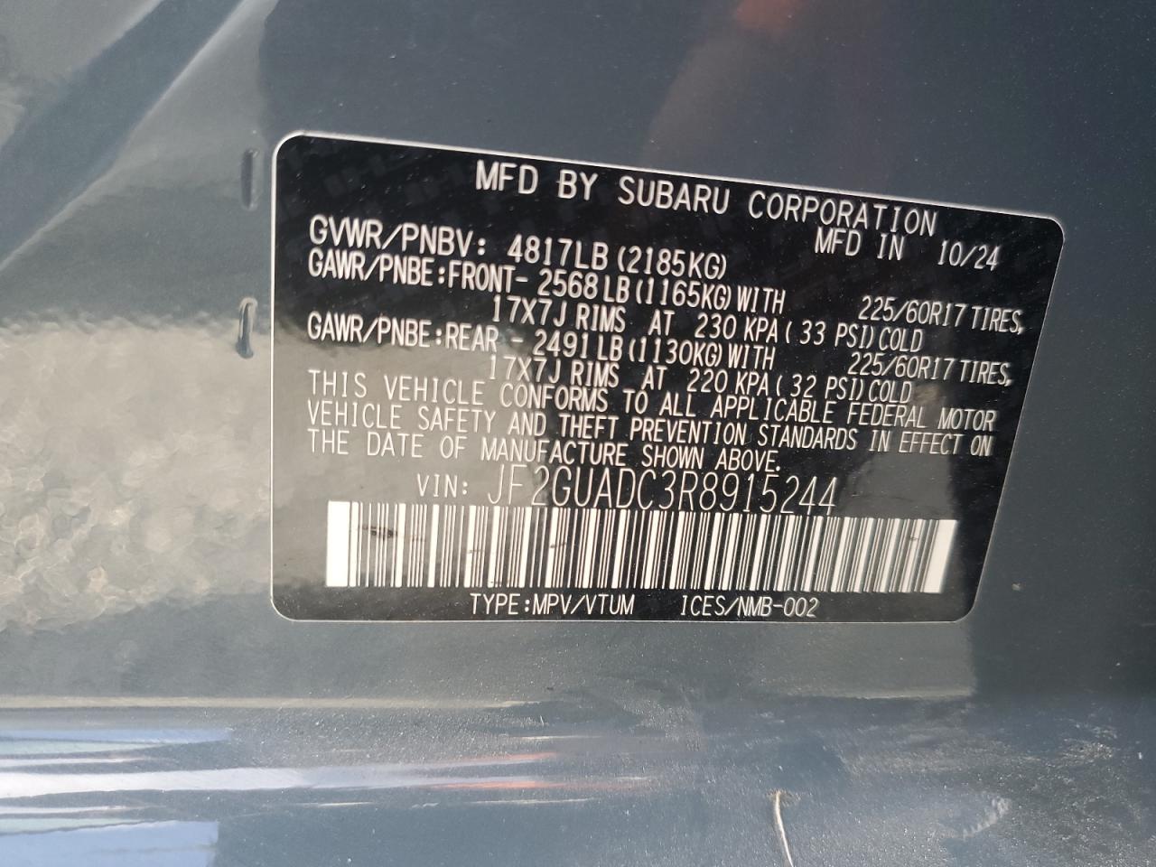 2024 SUBARU CROSSTREK PREMIUM VIN:JF2GUADC3R8915244