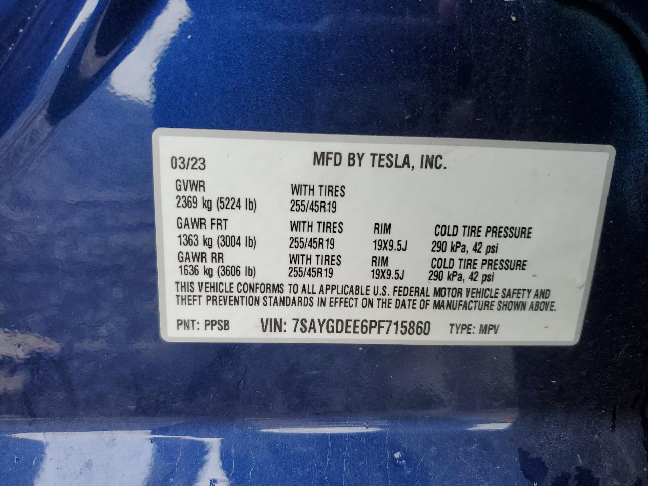 2023 TESLA MODEL Y  VIN:7SAYGDEE6PF715860