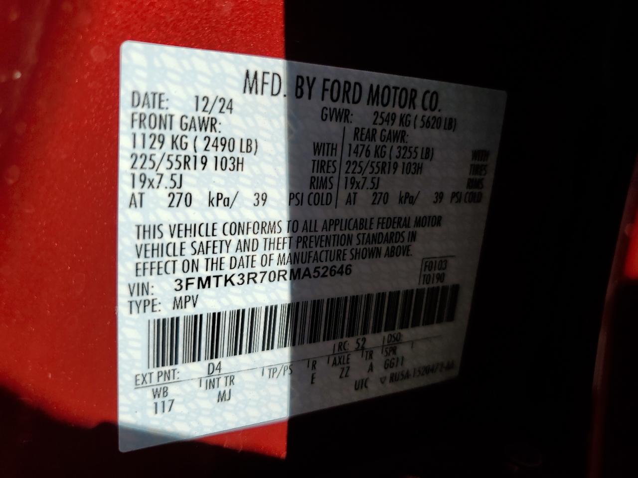2024 FORD MUSTANG MACH-E PREMIUM VIN:3FMTK3R70RMA52646