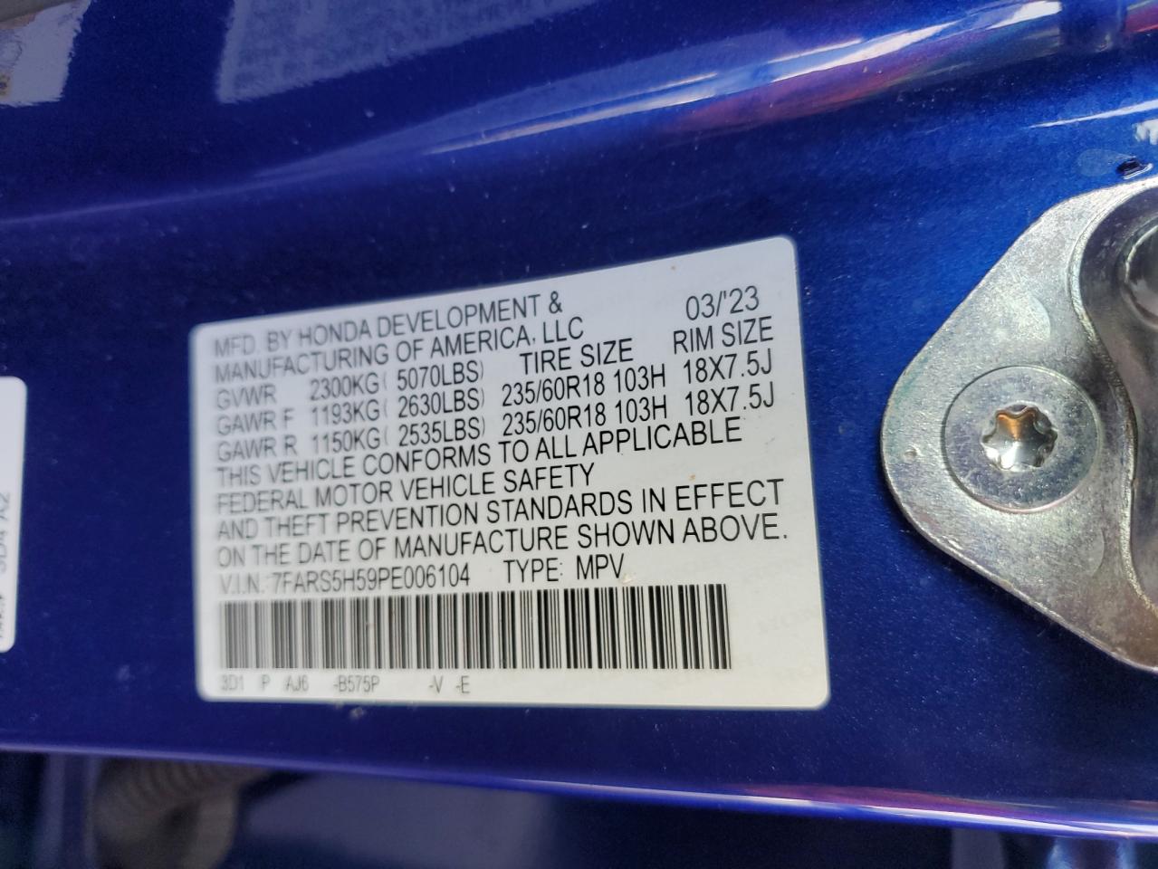 2023 HONDA CR-V SPORT VIN:7FARS5H59PE006104