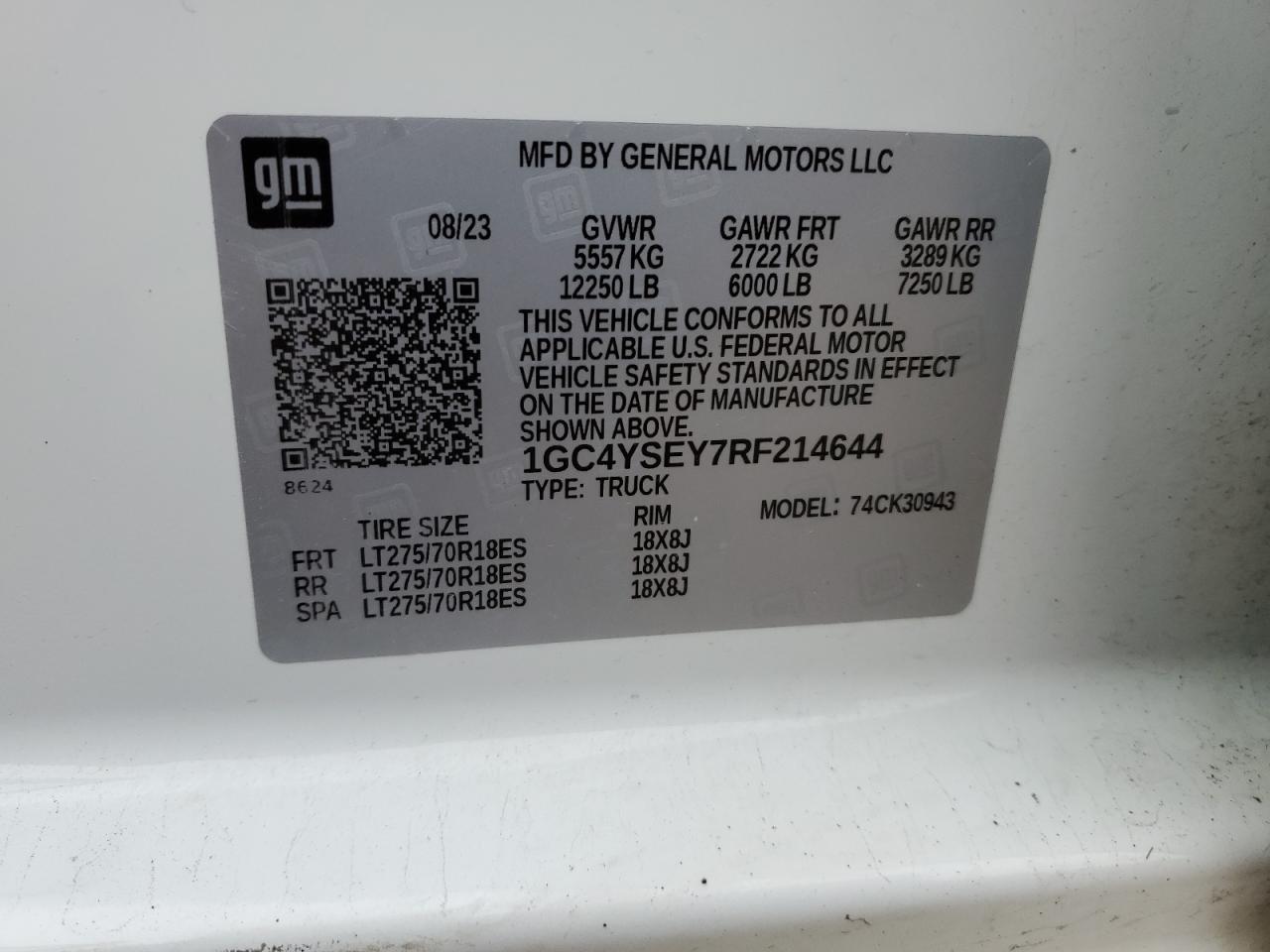 2024 CHEVROLET SILVERADO K3500 VIN:1GC4YSEY7RF214644