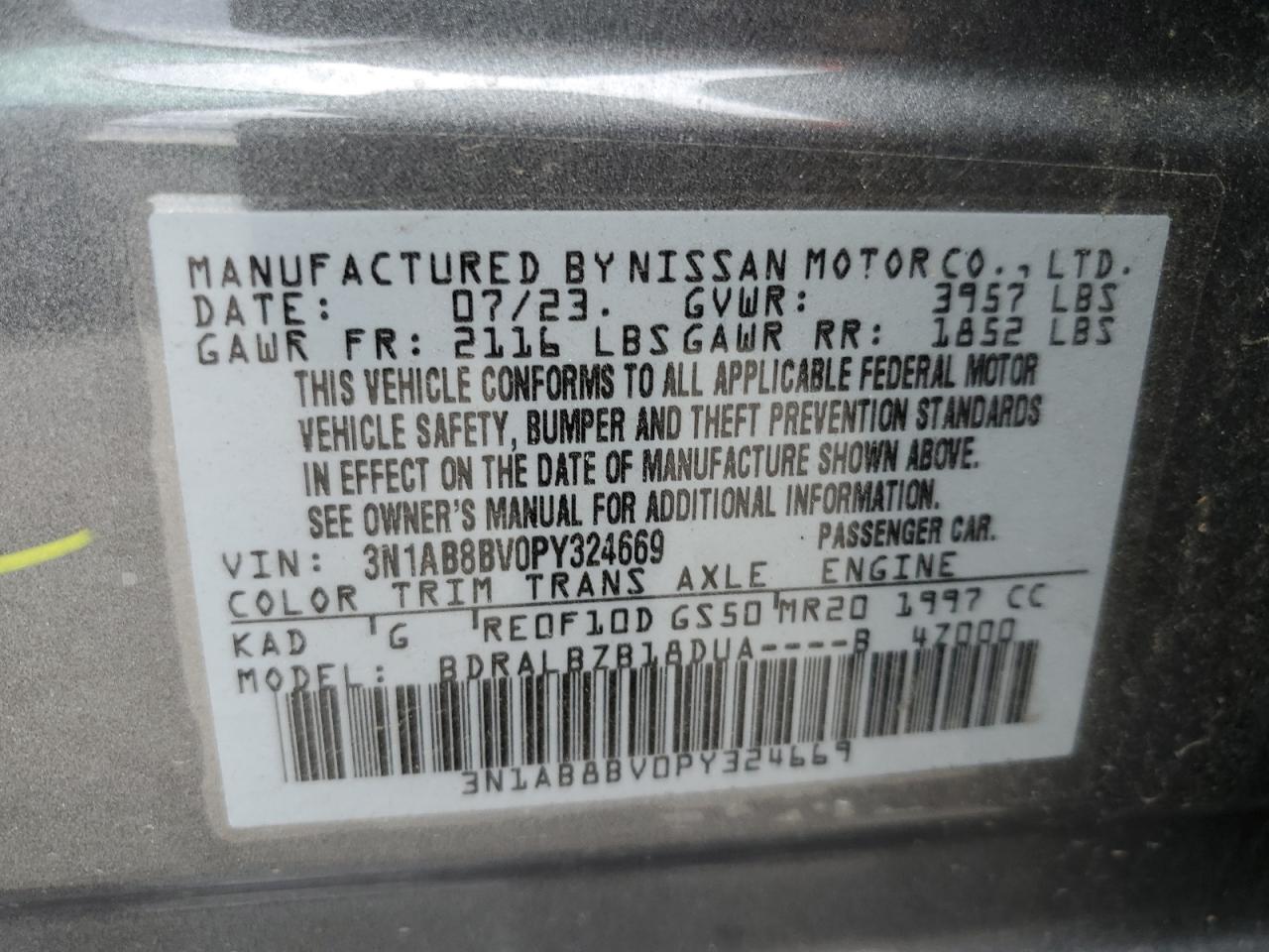 2023 NISSAN SENTRA S VIN:3N1AB8BV0PY324669