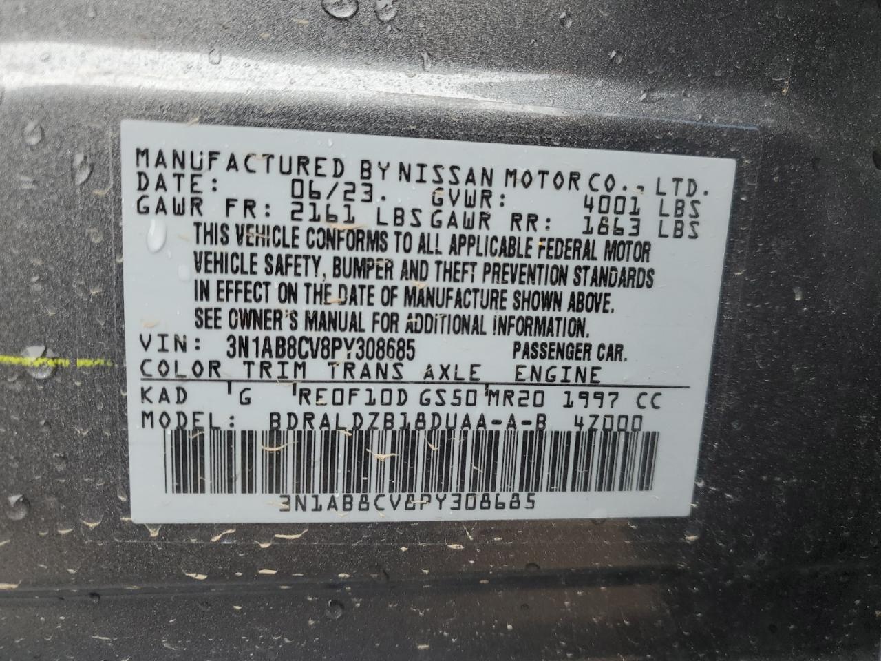 2023 NISSAN SENTRA SV VIN:3N1AB8CV8PY308685