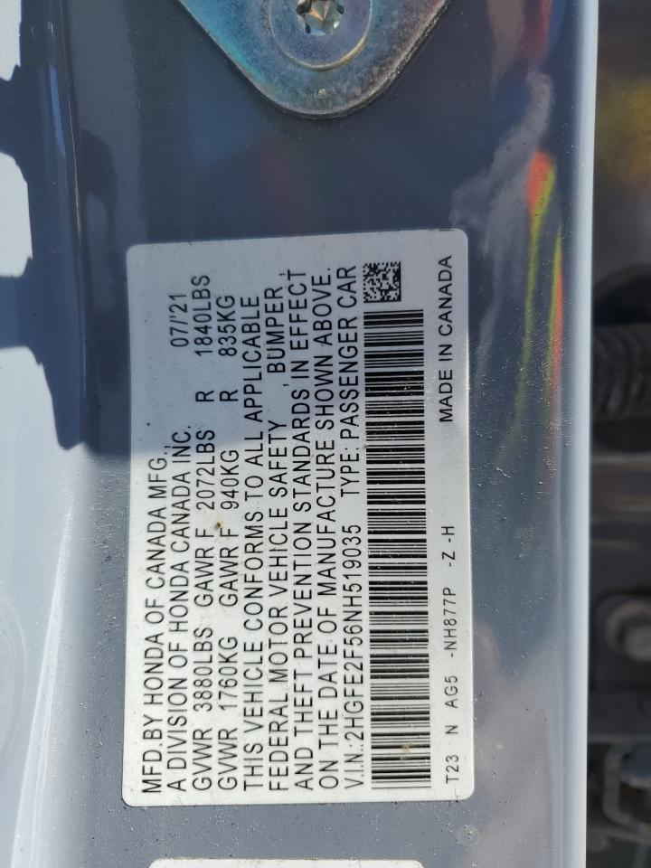 2022 HONDA CIVIC SPORT VIN:2HGFE2F56NH519035