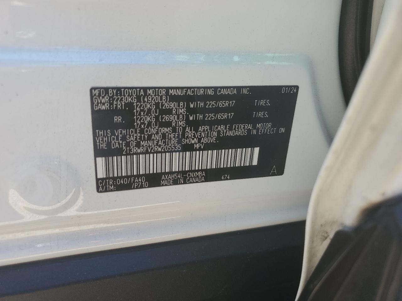 2024 TOYOTA RAV4 XLE VIN:2T3RWRFV2RW205535