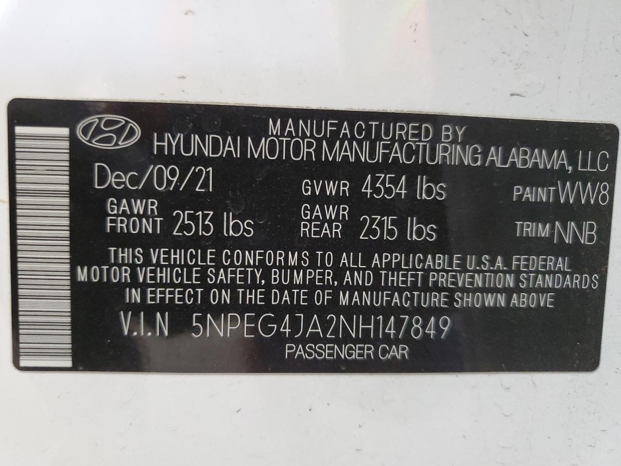 2022 HYUNDAI SONATA SE VIN:5NPEG4JA2NH147849