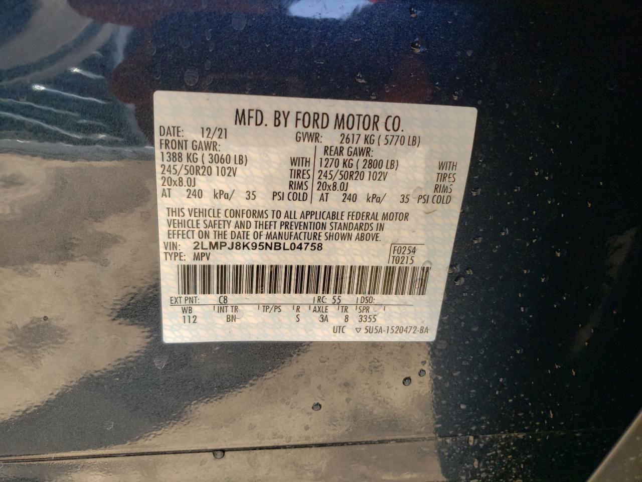 2022 LINCOLN NAUTILUS RESERVE VIN:2LMPJ8K95NBL04758