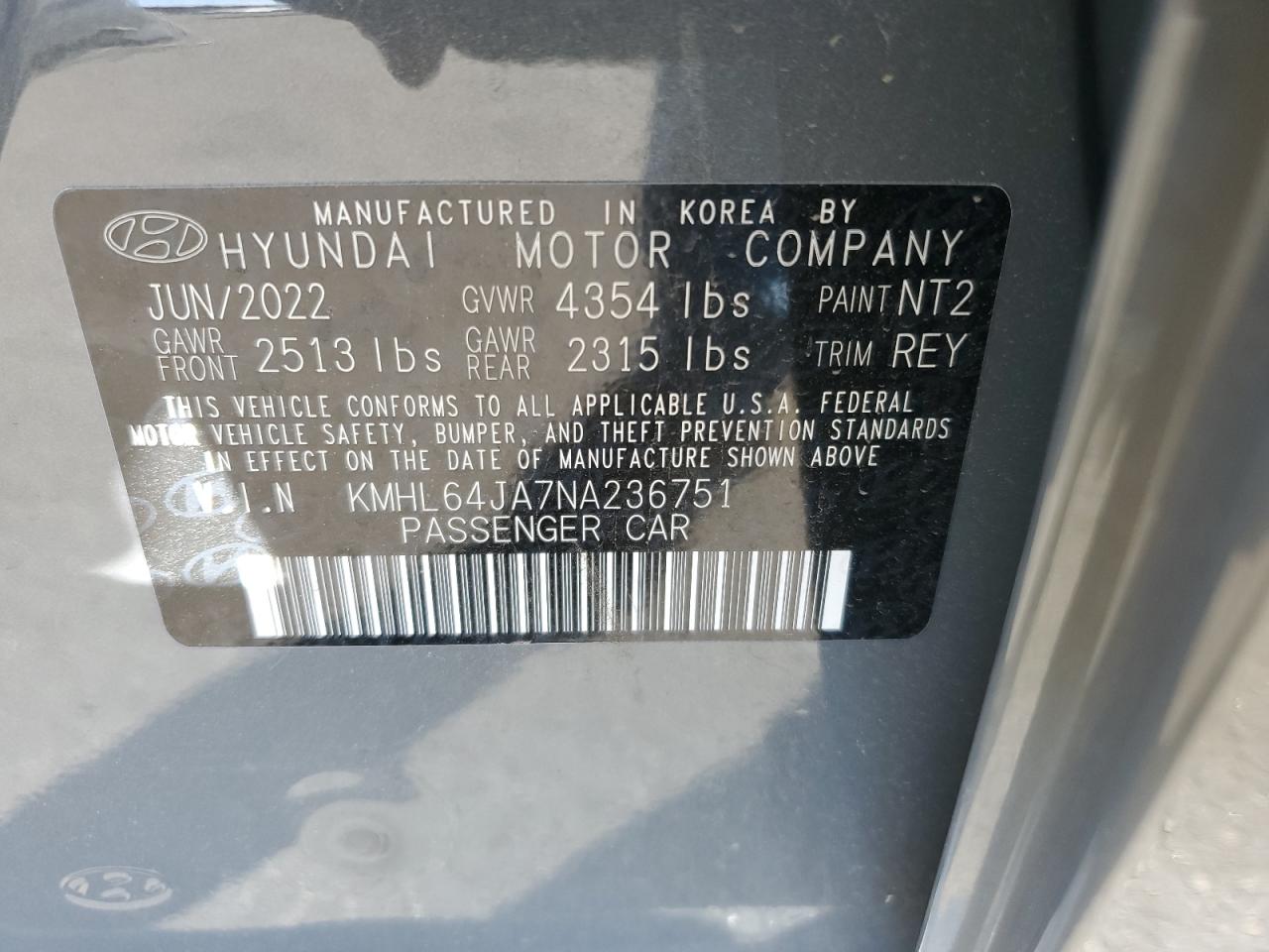 2022 HYUNDAI SONATA SEL VIN:KMHL64JA7NA236751