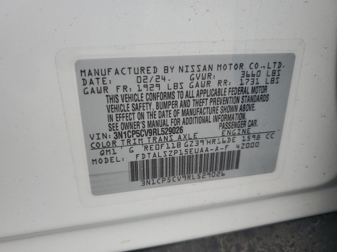2024 NISSAN KICKS SV VIN:3N1CP5CV9RL529026