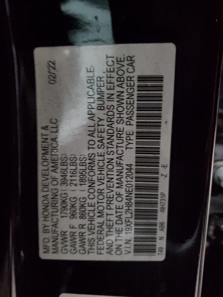 2022 HONDA CIVIC SPORT VIN:19XFL2H84NE012044