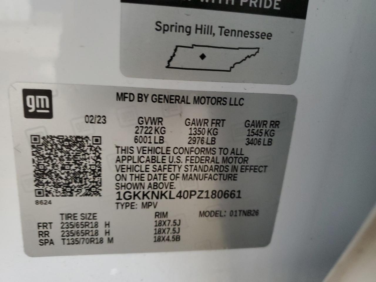 2023 GMC ACADIA SLE VIN:1GKKNKL40PZ180661