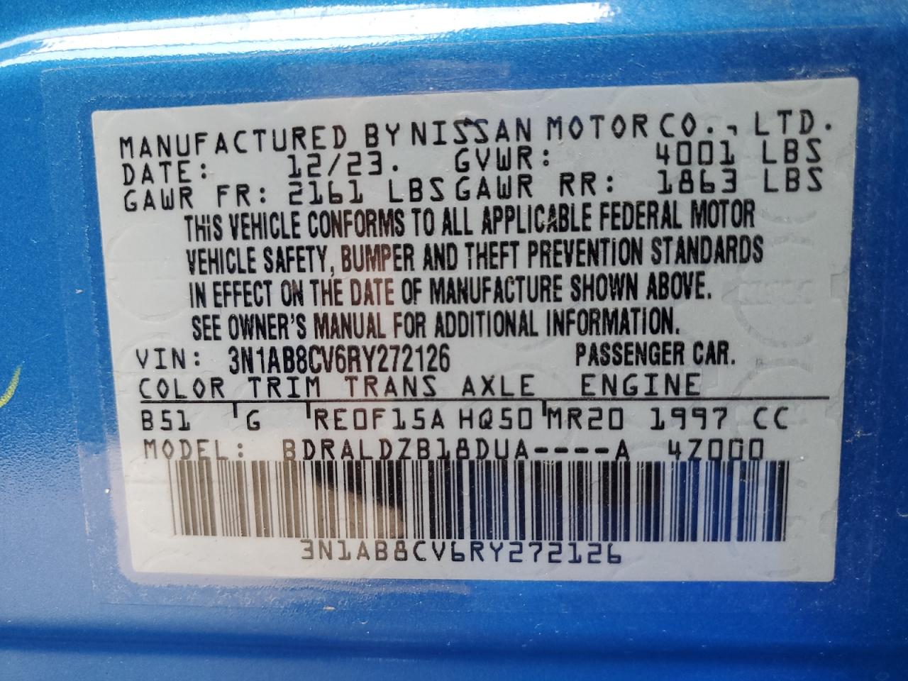 2024 NISSAN SENTRA SV VIN:3N1AB8CV6RY272126