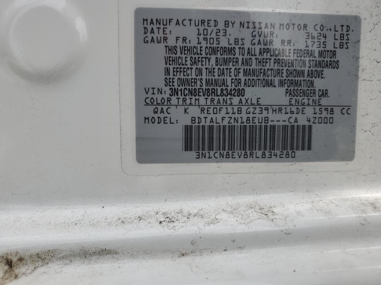 2024 NISSAN VERSA SV VIN:3N1CN8EV8RL834280