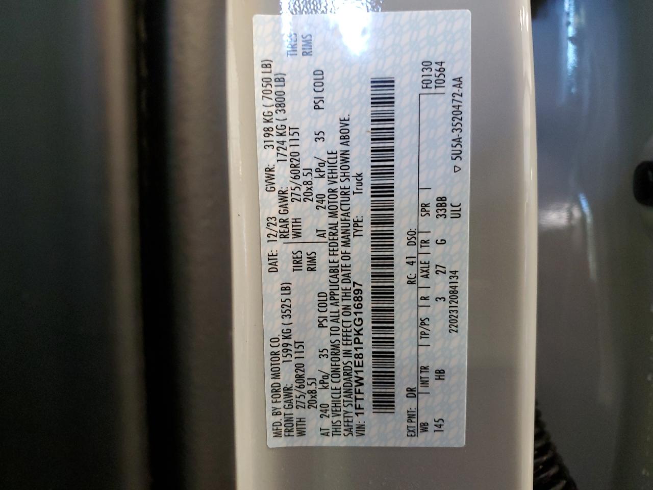 2023 FORD F150 SUPERCREW VIN:1FTFW1E81PKG16897