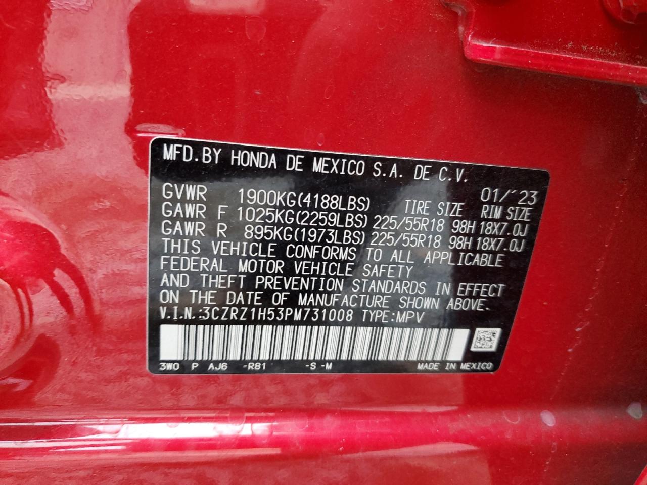 2023 HONDA HR-V SPORT VIN:3CZRZ1H53PM731008