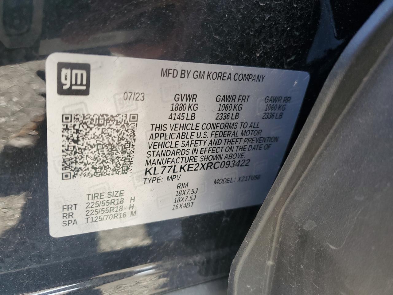 2024 CHEVROLET TRAX ACTIV VIN:KL77LKE2XRC093422