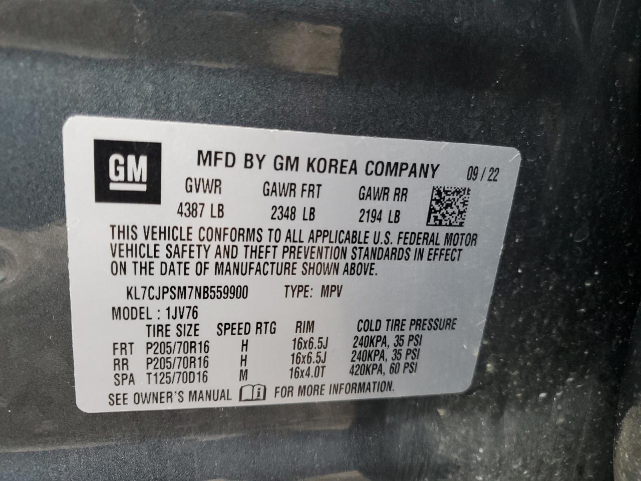 2022 CHEVROLET TRAX 1LT VIN:KL7CJPSM7NB559900