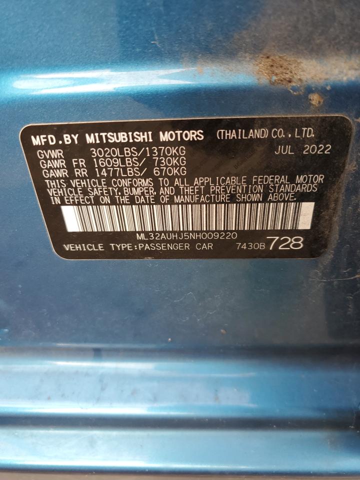 2022 MITSUBISHI MIRAGE ES VIN:ML32AUHJ5NH009220