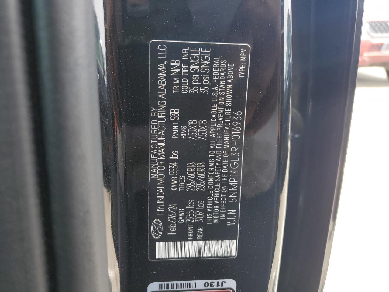 2024 HYUNDAI SANTA FE SE VIN:5NMP14GL3RH016936