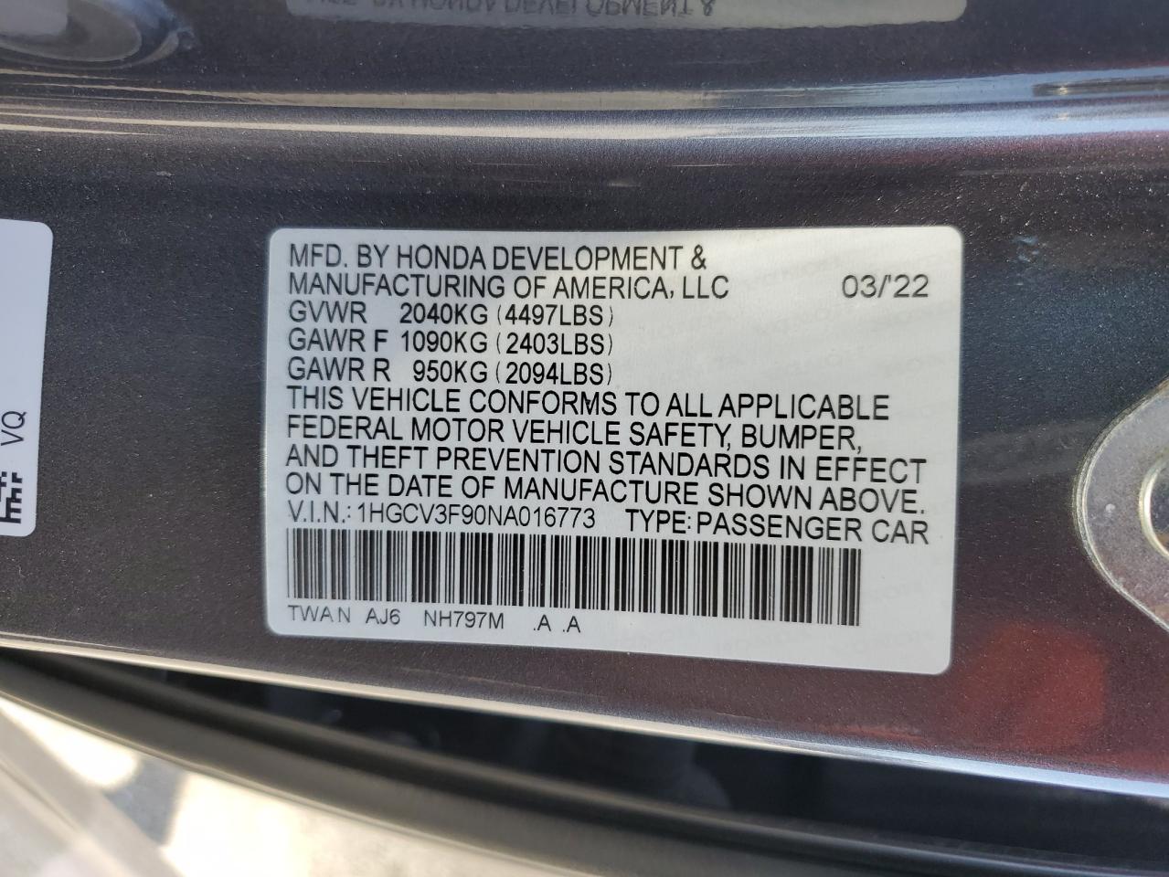2022 HONDA ACCORD TOURING HYBRID VIN:1HGCV3F90NA016773