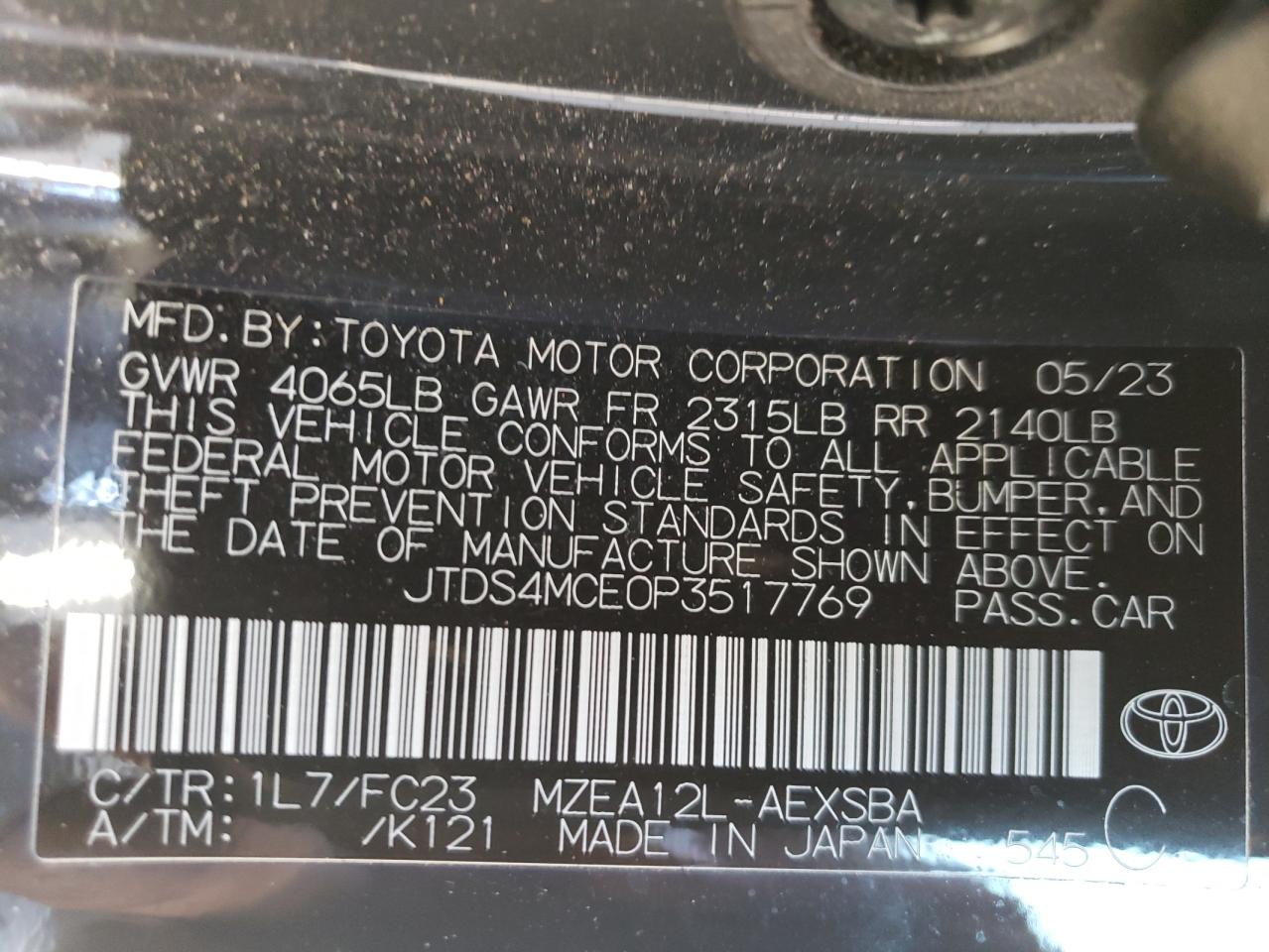 2023 TOYOTA COROLLA SE VIN:JTDS4MCE0P3517769