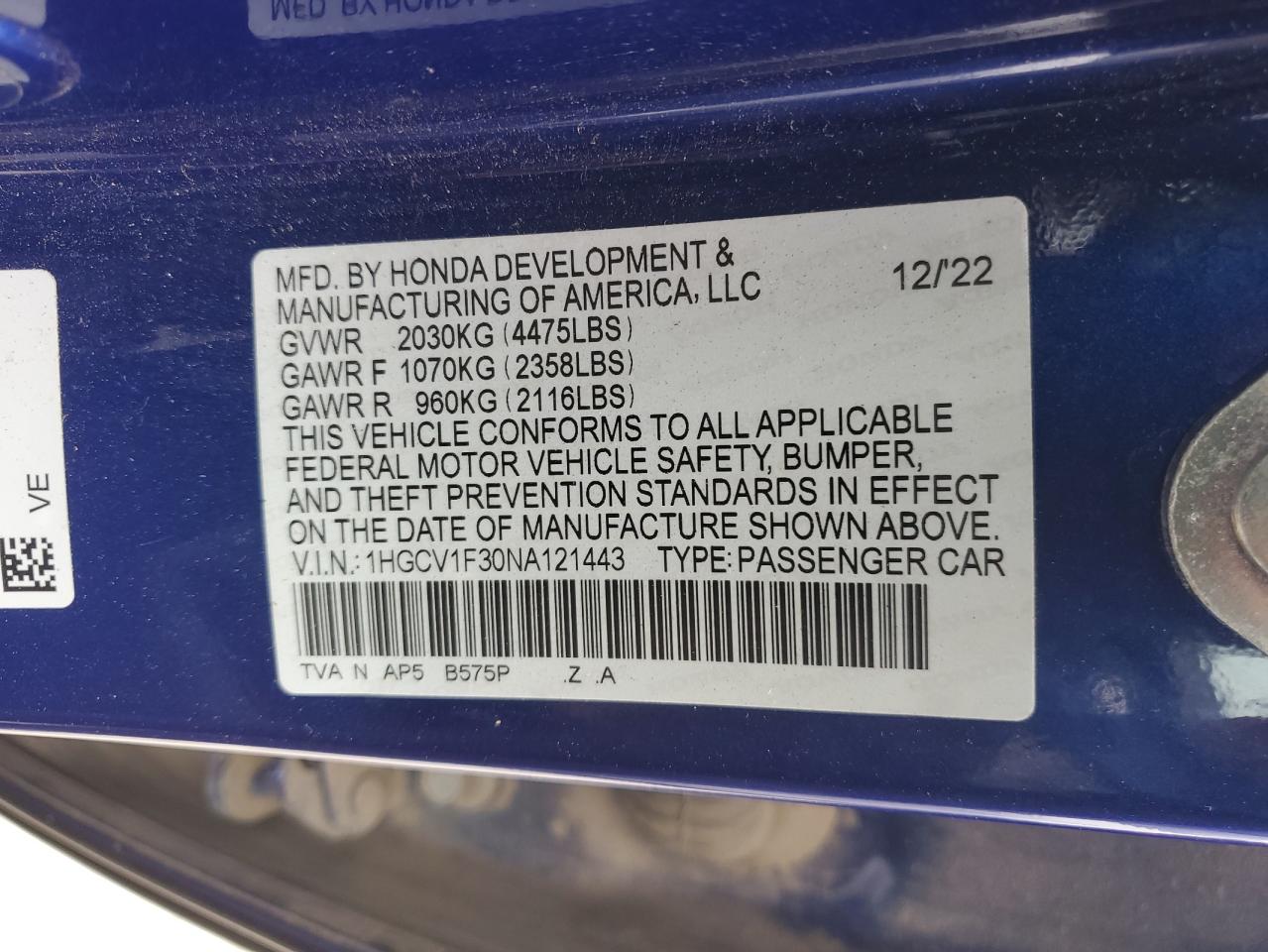 2022 HONDA ACCORD SPORT VIN:1HGCV1F30NA121443