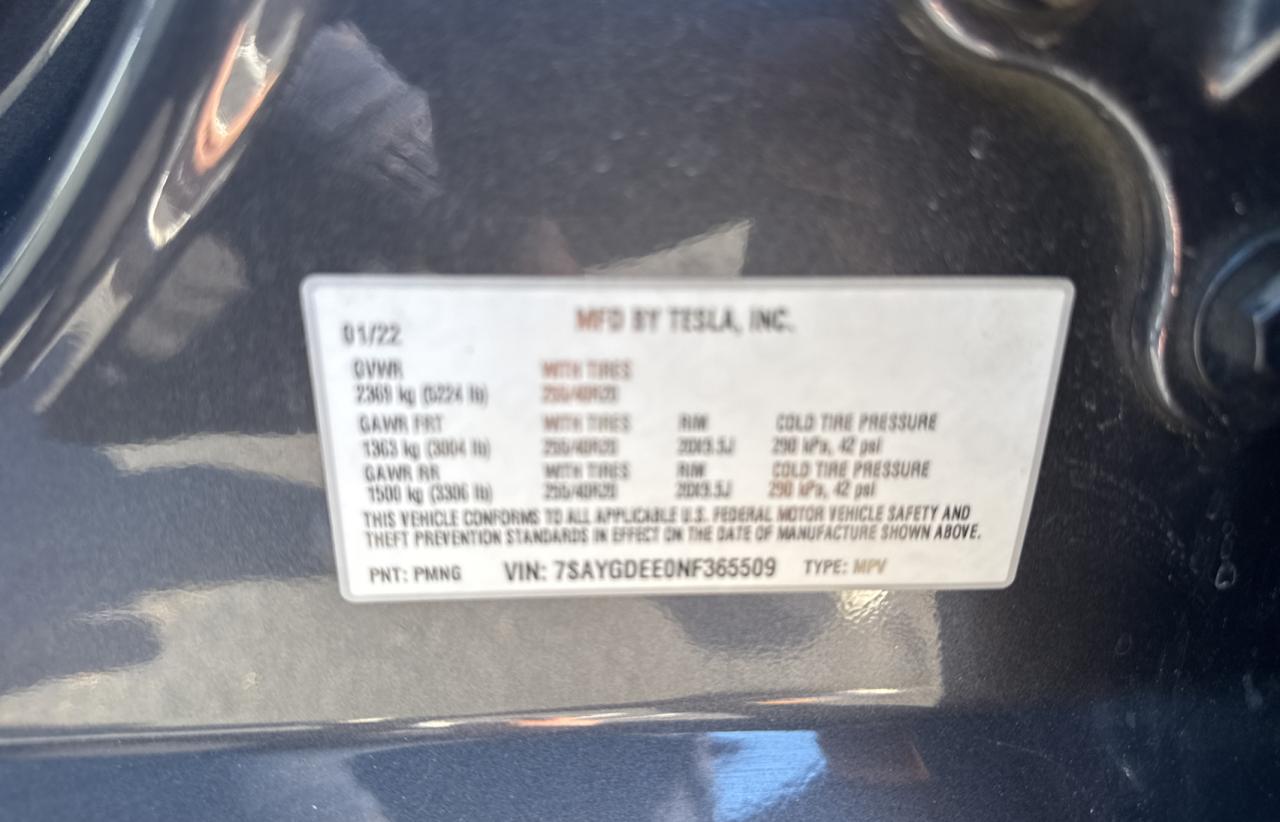 2022 TESLA MODEL Y  VIN:7SAYGDEE0NF365509
