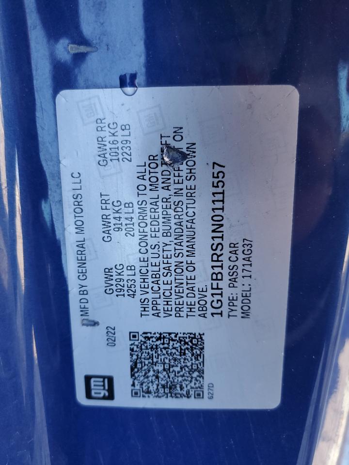 2022 CHEVROLET CAMARO LS VIN:1G1FB1RS1N0111557