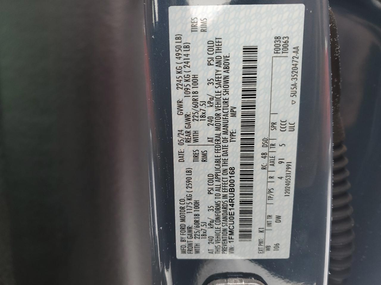 2024 FORD ESCAPE  VIN:1FMCU0E14RUB00168
