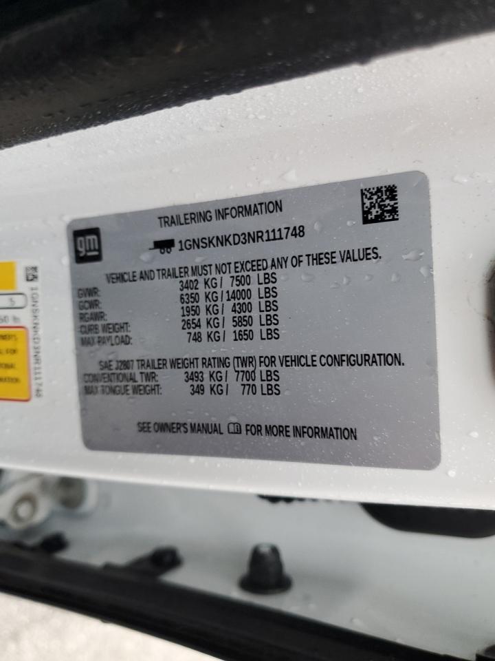 2022 CHEVROLET TAHOE K1500 LT VIN:1GNSKNKD3NR111748