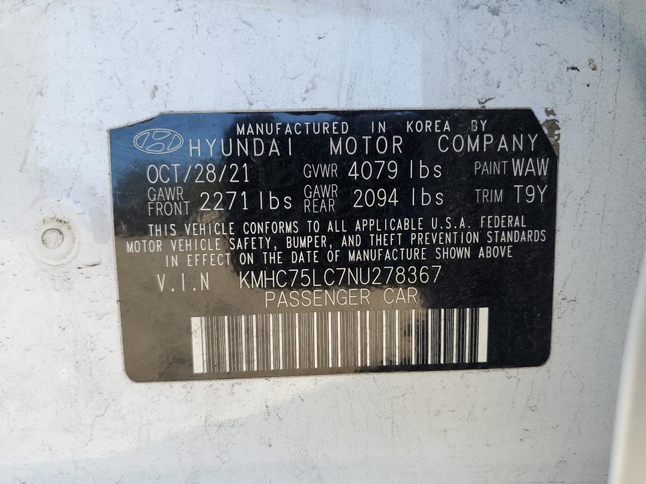 2022 HYUNDAI IONIQ SE VIN:KMHC75LC7NU278367