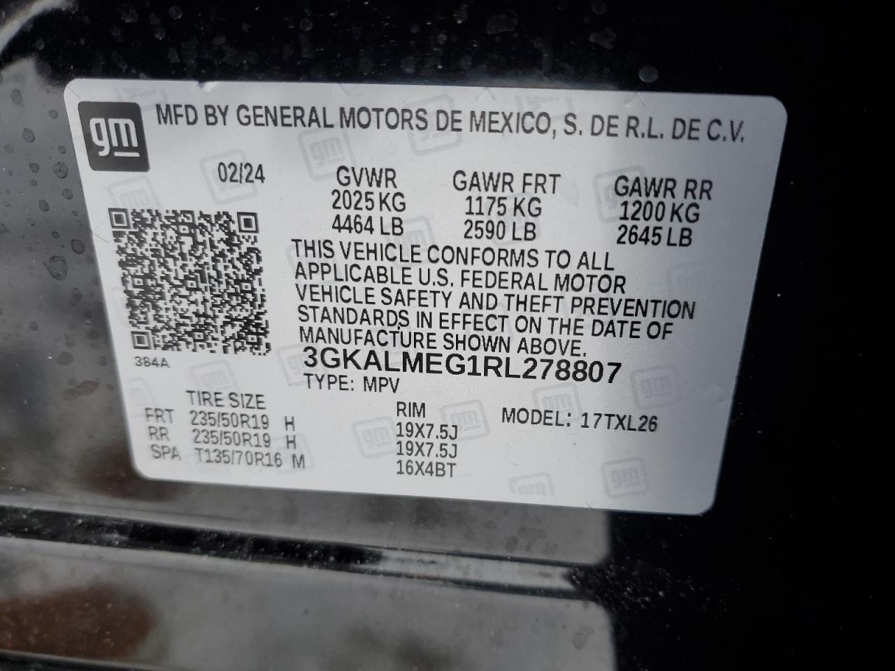 2024 GMC TERRAIN SLE VIN:3GKALMEG1RL278807