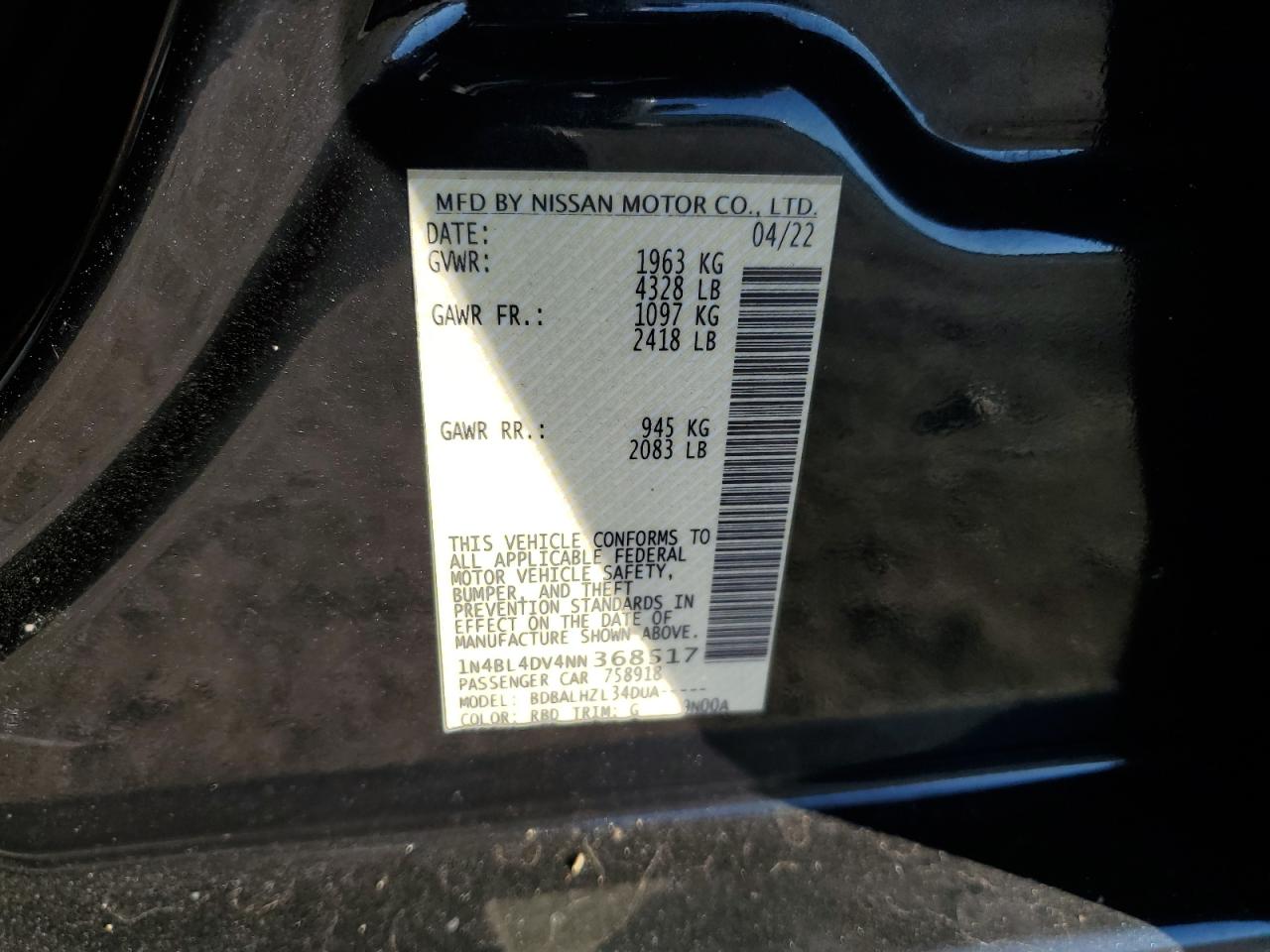 2022 NISSAN ALTIMA SV VIN:1N4BL4DV4NN368517