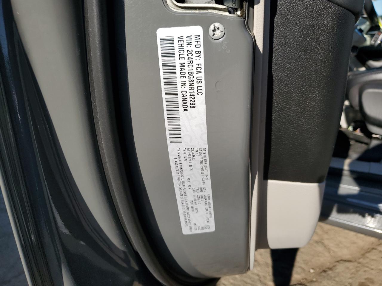 2022 CHRYSLER PACIFICA TOURING L VIN:2C4RC1BG8NR142298