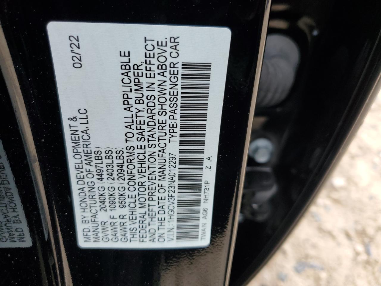 2022 HONDA ACCORD HYBRID SPORT VIN:1HGCV3F23NA012297