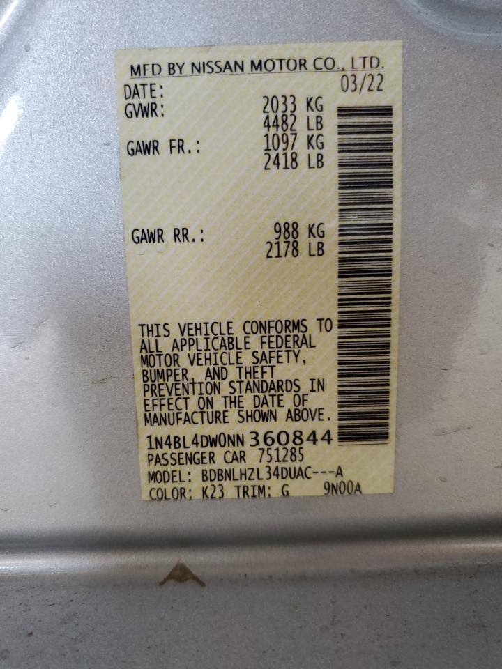 2022 NISSAN ALTIMA SV VIN:1N4BL4DW0NN360844