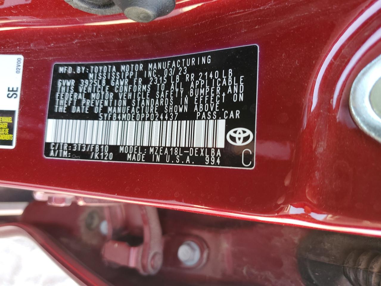 2023 TOYOTA COROLLA LE VIN:5YFB4MDE0PP024437