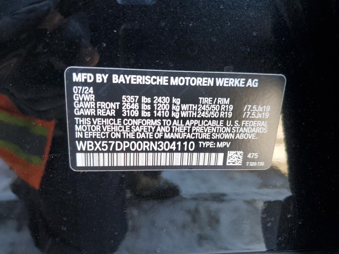 2024 BMW X3 XDRIVE30I VIN:WBX57DP00RN304110