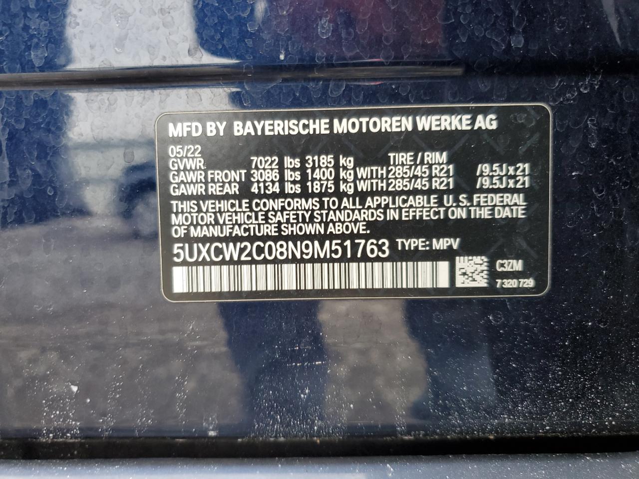 2022 BMW X7 XDRIVE40I VIN:5UXCW2C08N9M51763