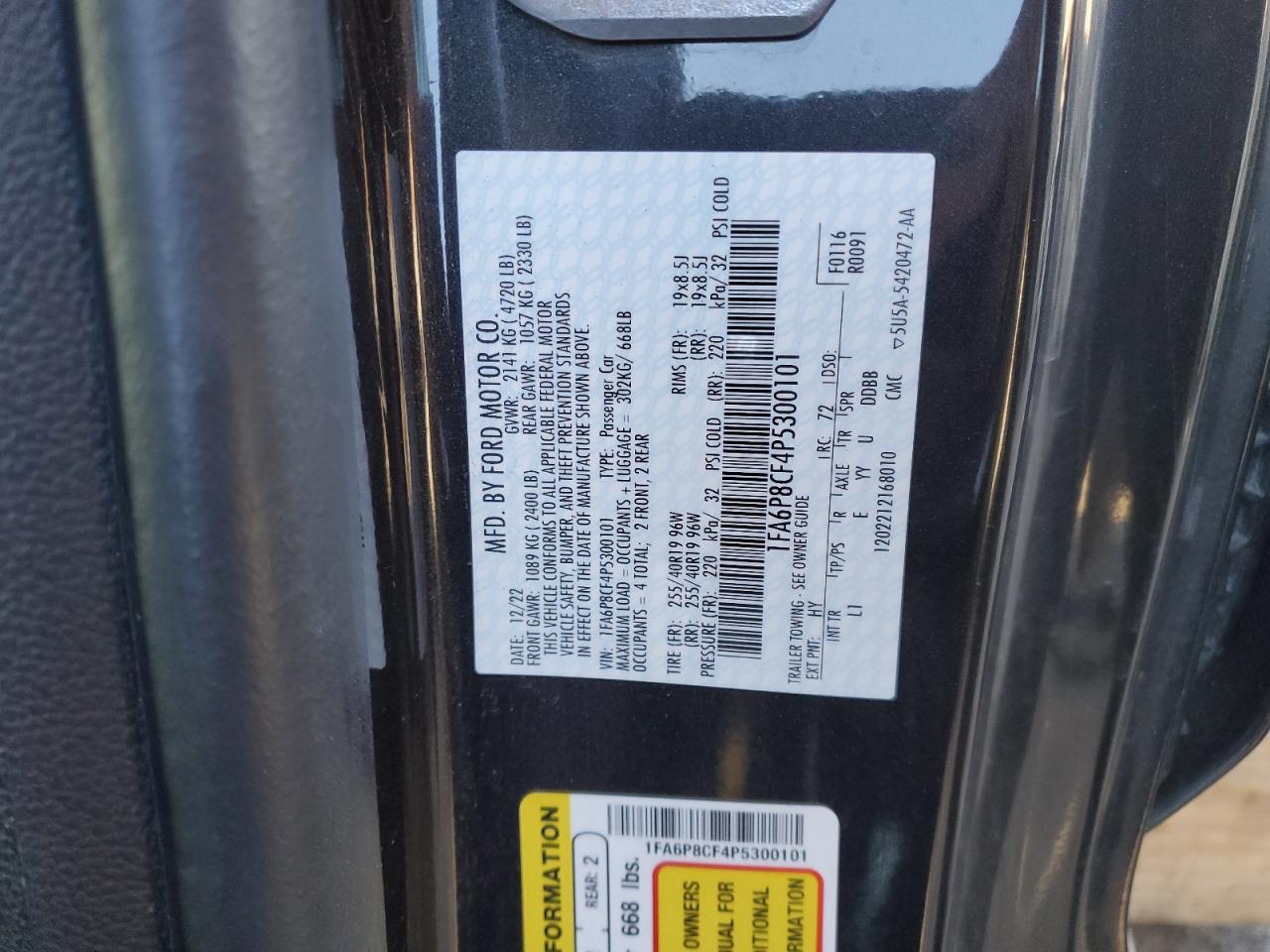 2023 FORD MUSTANG GT VIN:1FA6P8CF4P5300101