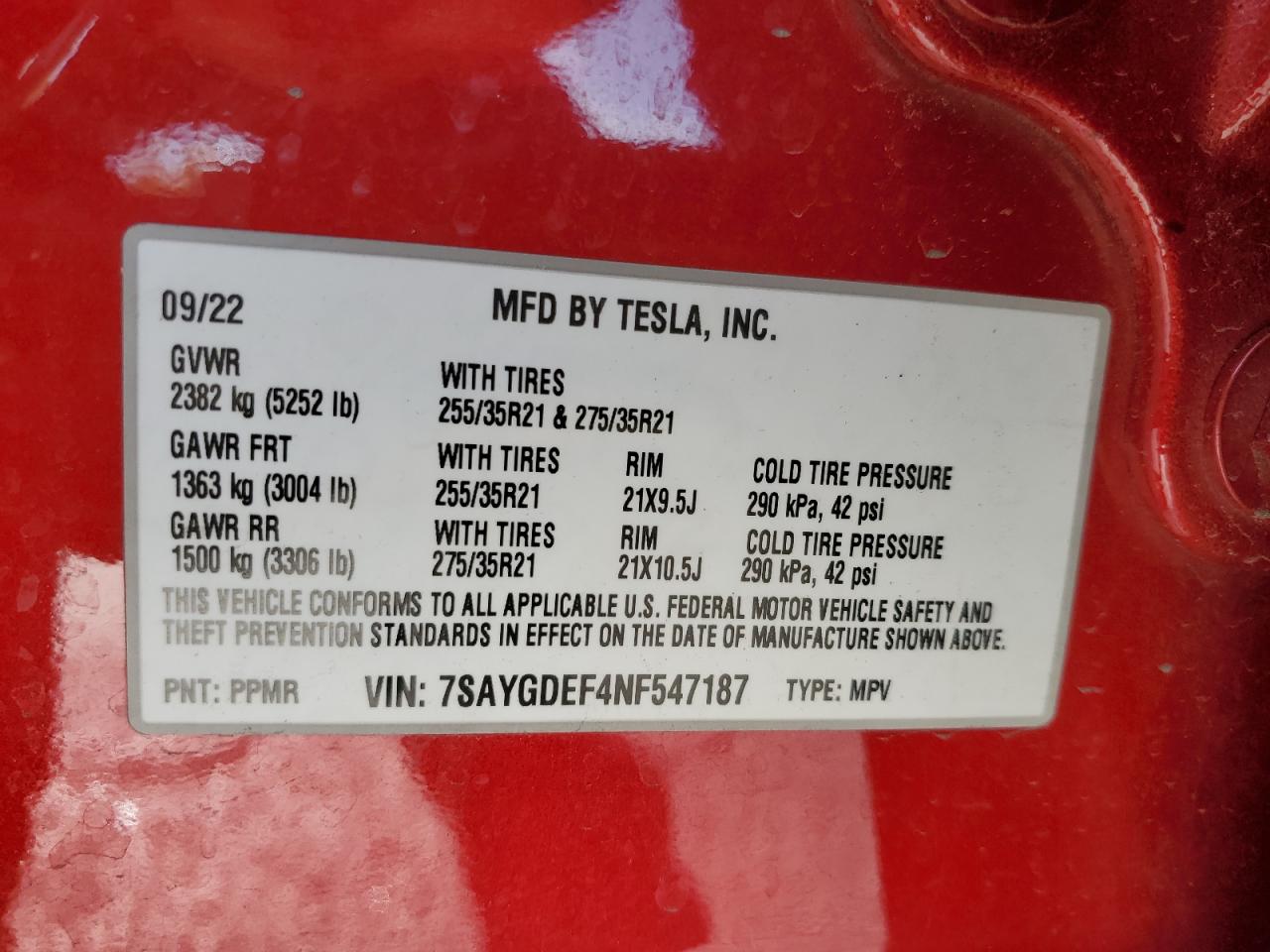 2022 TESLA MODEL Y  VIN:7SAYGDEF4NF547187