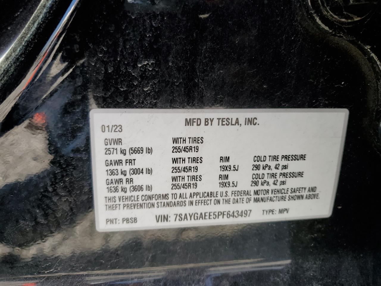 2023 TESLA MODEL Y  VIN:7SAYGAEE5PF643497