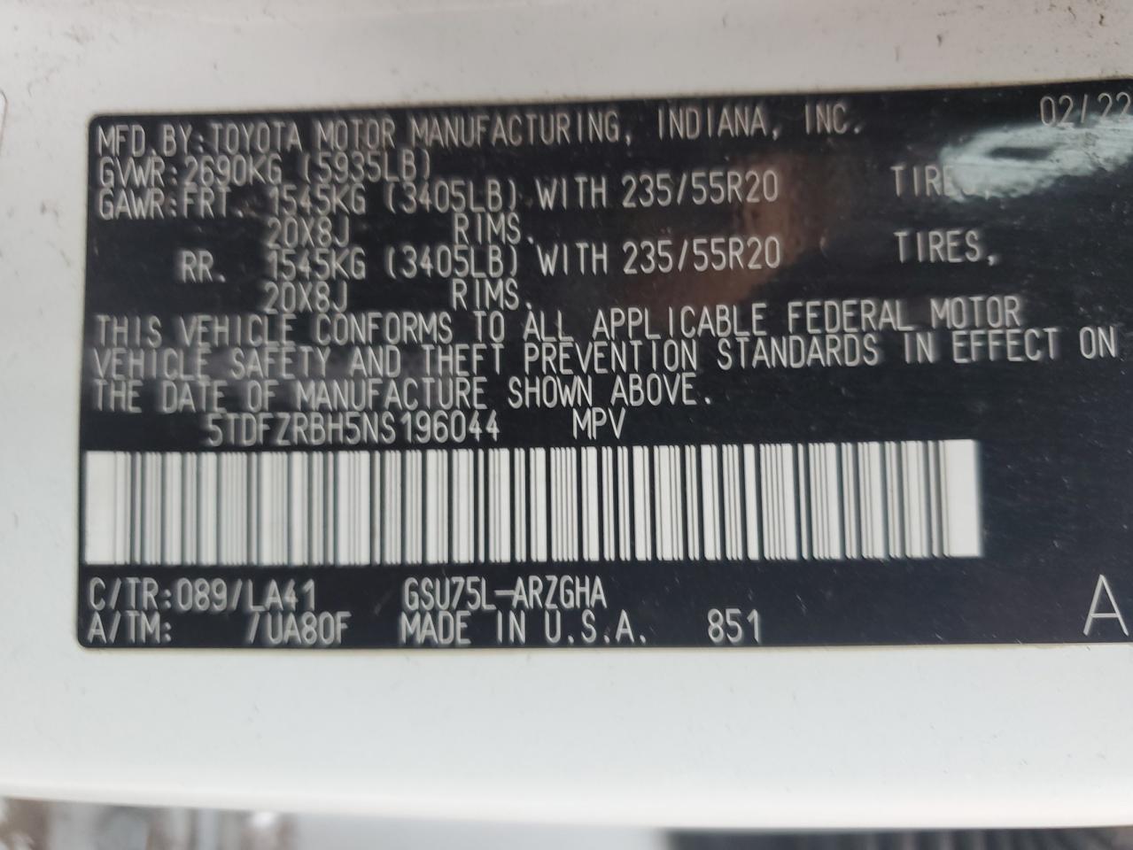 2022 TOYOTA HIGHLANDER PLATINUM VIN:5TDFZRBH5NS196044