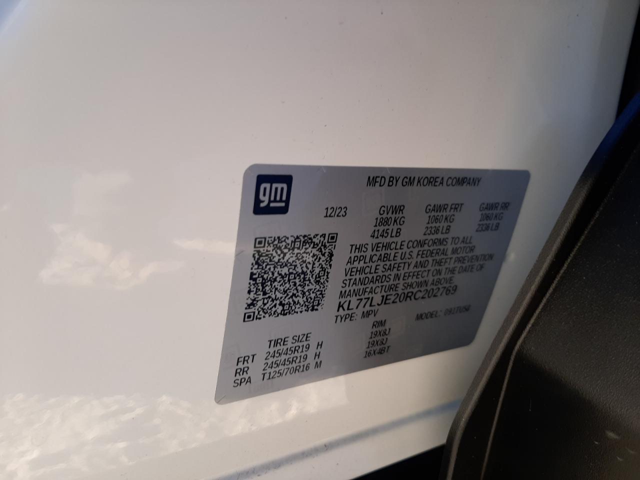 2024 CHEVROLET TRAX 2RS VIN:KL77LJE20RC202769